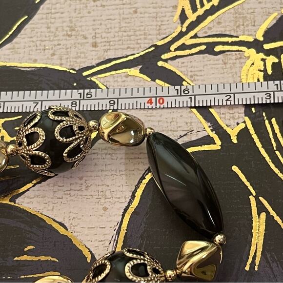 Vintage NWT Long Chunky Black and Gold Acrylic Beaded Necklace C1 - Picture 11 of 11